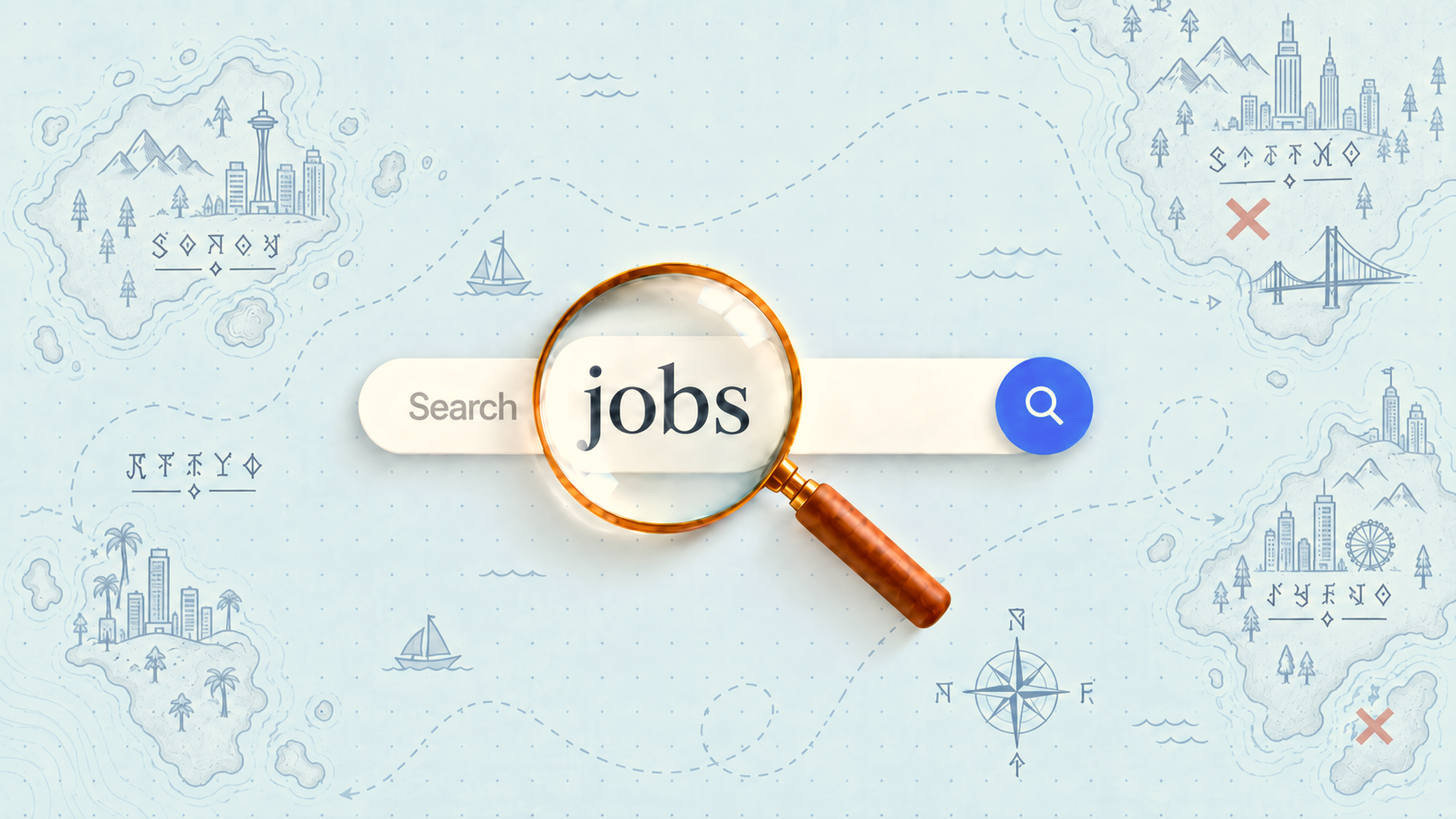Illustrated map with a magnifying glass over a job search bar