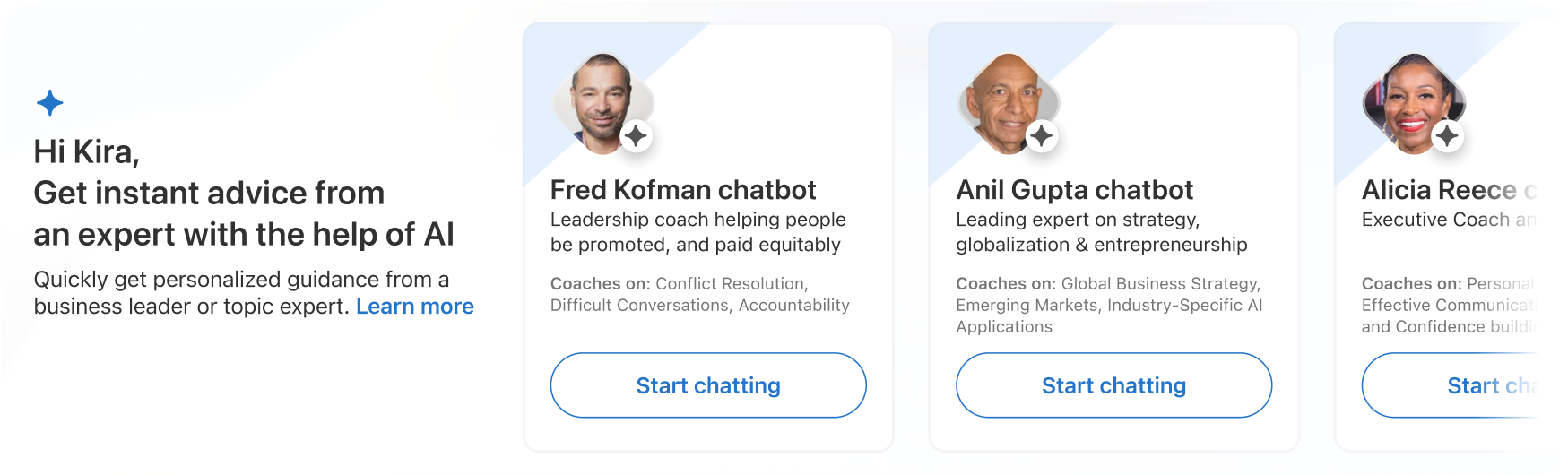 Expert AI entry point: “Get instant advice from an expert with the help of AI” with expert chatbot cards